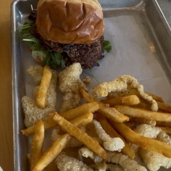Bolyard's Meat and Provisions - My friends lunch - blue cheese burger & in-house pig skins & fries we shared - Butcher Near Me - Maplewood, Missouri