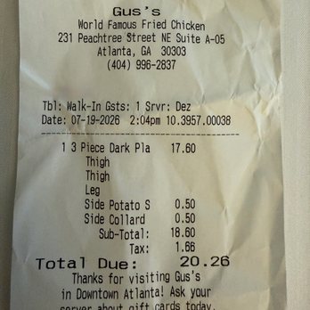 Gus's World Famous Fried Chicken - I ordered 3 Piece Dark Plate , but they only gave me 2 piece of chicken, beans  and collard greens - Southern Near Me - Atlanta, Georgia