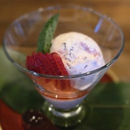 Sakura mousse with Sakura jelly, Sakura and white chocolate ice cream, sweet red bean paste, strawberry