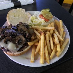 Just Left Pub & Grill - Mushroom Swiss burger with fries.