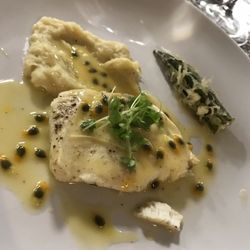 Blue 11 - Poached Snapper with leek purée, tempura okra, and passion fruit butter