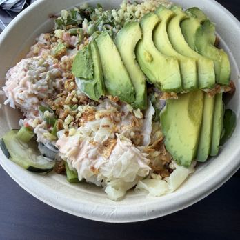Amazing Poke - Small bowl with sushi rice, spicy salmon, crab, cucumber, green onion, tempura, crunchy onion, ginger and avocado - Sushi Bars Near Me - Corona, California Amazing Poke - Small bowl with sushi rice, spicy salmon, crab, cucumber, green onion, tempura, crunchy onion, ginger and avocado - Sushi Bars Near Me - Corona, California