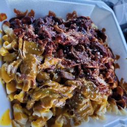 BBQusion - Loaded MAC with pulled pork and Mustard-Q and Sweet and Smoky bbq.