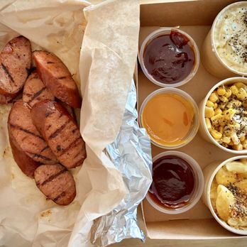 RIBBRO BBQ - Andouille sausage, bbq sauce trio, potato salad, corn, mac and cheese - Barbeque Near Me - Newport Beach, California RIBBRO BBQ - Andouille sausage, bbq sauce trio, potato salad, corn, mac and cheese - Barbeque Near Me - Newport Beach, California