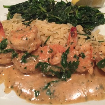 Trellis Restaurant - Sautéed Tiger Prawns w/ garlic, white wine-lemon sauce & herbs, served w/ sautéed spinach & orzo. - Tuscan Near Me - Menlo Park, California Trellis Restaurant - Sautéed Tiger Prawns w/ garlic, white wine-lemon sauce & herbs, served w/ sautéed spinach & orzo. - Tuscan Near Me - Menlo Park, California