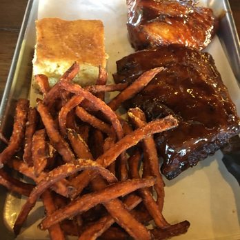 Badlands BBQ - Double platter - chicken breast, baby back ribs, fries and corn bread. - Barbeque Near Me - Norco, California