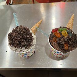 Medium - Cookies & Cream with mint chip and chocolate sprinkles. Chocolate and pecan with Oreo and gummy bears. wafer cone included.