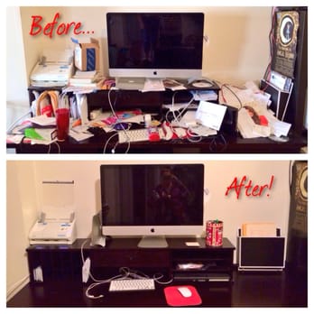 CASEY TUMA Transforms - Desk area- before and after organization. Created a filing system, area for incoming/outgoing mail, cleared drawers. - Home Organization Near Me