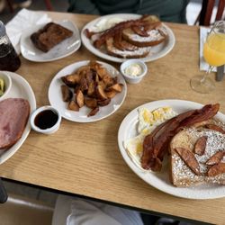 The Country Corner Cafe - French toast with apple crisp, cinnamon, bacon, fried egg, home fries, Canadian bacon, avocado with Vermont maple syrup and regular bacon