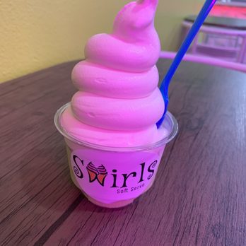 Swirls Soft Serve - Vanilla Kid Size Swirlicious Cup under Purple Lighting - Ice Cream & Frozen Yogurt Near Me - Upland, California Swirls Soft Serve - Vanilla Kid Size Swirlicious Cup under Purple Lighting - Ice Cream & Frozen Yogurt Near Me - Upland, California