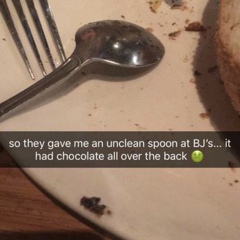 BJ's Restaurant & Brewhouse - Unclean spoon given to me with my clam chowder bread bowl - Pizza Near Me - Plano, Texas