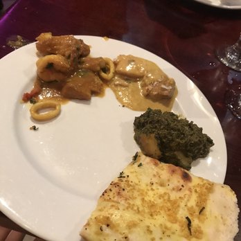 Rasoi - Garlic naan, seafood curry, saag aloo, and and chicken madras - Indian Near Me - Burlingame, California