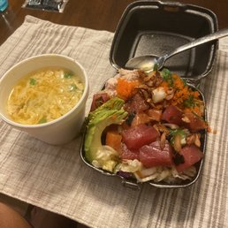 Egg drop soup (avoid at all costs), poke bowl