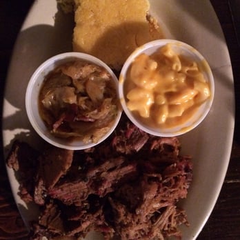 Barbecue And Bourbon - Two meat platter (pulled pork and brisket) with fried cabbage, Mac n cheese and corn bread. - Barbeque Near Me - Speedway, Indiana Barbecue And Bourbon - Two meat platter (pulled pork and brisket) with fried cabbage, Mac n cheese and corn bread. - Barbeque Near Me - Speedway, Indiana