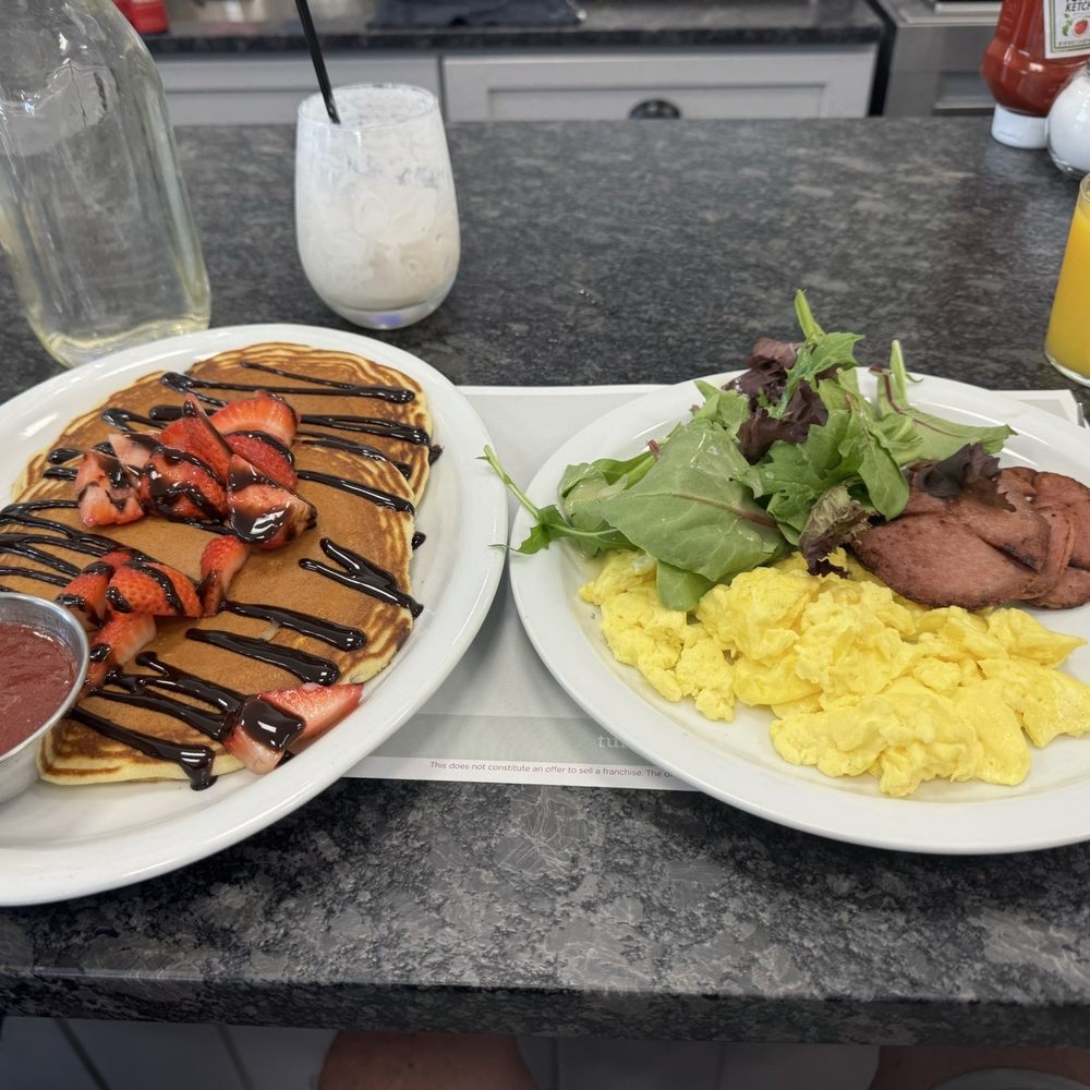 Turning Point - Two Berry Chocolaty Pancakes with the strawberry preserve! Two scrambled eggs with pork roll and mixed greens - Breakfast & Brunch Near Me - Old Bridge, New Jersey Turning Point - Two Berry Chocolaty Pancakes with the strawberry preserve! Two scrambled eggs with pork roll and mixed greens - Breakfast & Brunch Near Me - Old Bridge, New Jersey