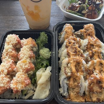 Osaku Asian Kitchen - Fujiyama Roll (left), Godzilla Roll (right), Takoyaki, Mango Milk Cloud Drink - Korean Near Me - Arlington Heights, Illinois