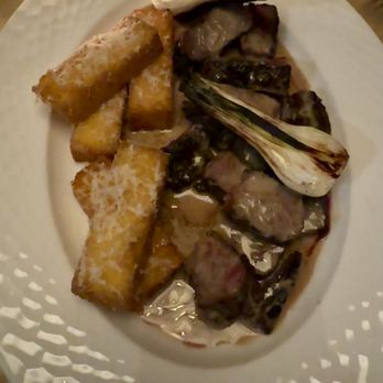 Osteria Di Mercato - Bistecca al Pepe Nero - 8oz koji-cured hanger steak au poivre, polenta fritta - Italian Near Me - Houston, Texas Osteria Di Mercato - Bistecca al Pepe Nero - 8oz koji-cured hanger steak au poivre, polenta fritta - Italian Near Me - Houston, Texas