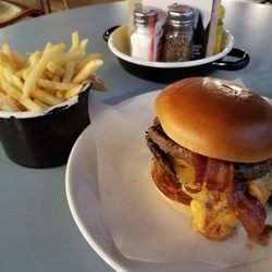 Byron - Proper Hamburgers - Double bacon burger with fries.