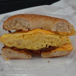 Bacon egg and cheese on a plain bagel Bacon egg and cheese on a plain bagel