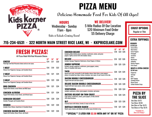 Menu photo 2 Kid's Korner Pizza Rice Lake, WI Menu photo 2 Kid's Korner Pizza Rice Lake, WI