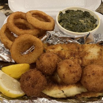Fish N' Grill - 2 piece Flounder (grilled), onion rings, collard greens and hushpuppies - Seafood Near Me - Fredericksburg, Virginia