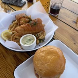Fish and chips and fried chicken sandwich Fish and chips and fried chicken sandwich