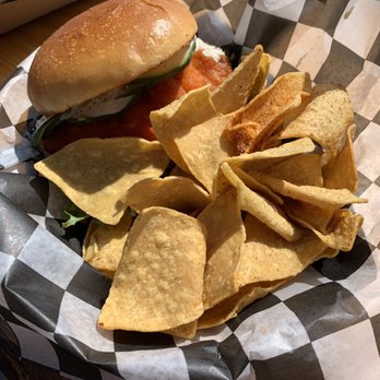 Locally Sauced - Spicy Chicken Sandwich w/side of Tortilla Chips - Barbeque Near Me - Yarmouth, Maine Locally Sauced - Spicy Chicken Sandwich w/side of Tortilla Chips - Barbeque Near Me - Yarmouth, Maine