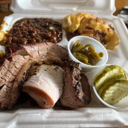 West Texas Barbeque - Three meat platter with baked beans and hashbrown casserole.