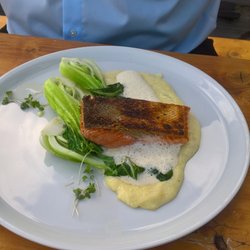 Filiae - Lachsfilet auf der Hautseite gebraten mit Paksoi und einem Kartoffelpüree mit Trüffel.