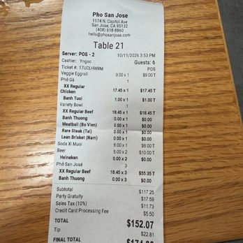 Pho San Jose - Automatically added 3.75% credit card fee, 15% gratuity for party of 6. Unaware paid extra 20% tip - Soup Near Me - San Jose, California
