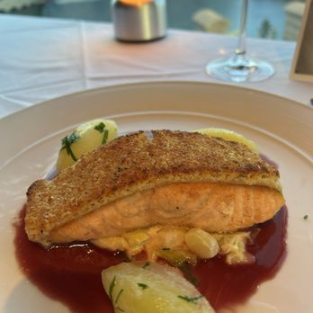 Eiffel Tower Restaurant - Slow Roasted Filet of Salmon, Braised Leeks, Pinot Noir Sauce - French Near Me - Las Vegas, Nevada Eiffel Tower Restaurant - Slow Roasted Filet of Salmon, Braised Leeks, Pinot Noir Sauce - French Near Me - Las Vegas, Nevada