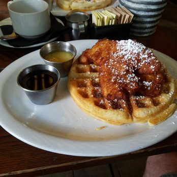Idle Hour - Chicken and Waffles. Crispy fried buttermilk chicken, Belgian waffle, warm honey butter and syrup on the side. - American Near Me - Los Angeles, California Idle Hour - Chicken and Waffles. Crispy fried buttermilk chicken, Belgian waffle, warm honey butter and syrup on the side. - American Near Me - Los Angeles, California