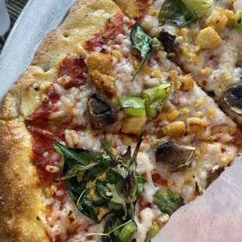 Panoramic Pizza - Vegan Cheese, homemade red sauced, vegan chicken, peppers, onions, mushrooms and fresh basil. It is delicious! - Pizza Near Me - Houston, Texas Panoramic Pizza - Vegan Cheese, homemade red sauced, vegan chicken, peppers, onions, mushrooms and fresh basil. It is delicious! - Pizza Near Me - Houston, Texas