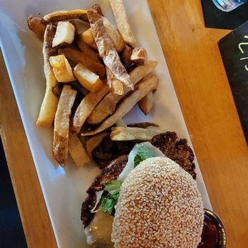 Jealous Monk - Chicken schnitzel burger with fries - Beer Gardens Near Me - Mystic, Connecticut Jealous Monk - Chicken schnitzel burger with fries - Beer Gardens Near Me - Mystic, Connecticut
