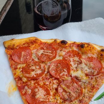 Luigis Pizzeria - Pepperoni slice and sooooo good! Less than $11 for my slice and glass of delicious Italian red! - Pizza Near Me - League City, Texas