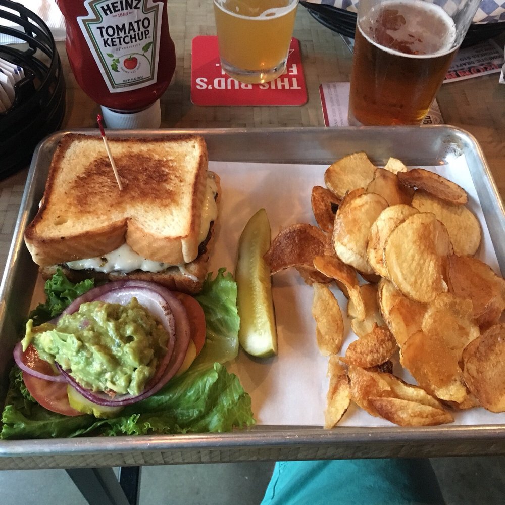 Ronny G's - Texas Toast cheeseburger with pepper jack cheese and guacamole - house made chips! - Sports Bars Near Me - The Woodlands, Texas Ronny G's - Texas Toast cheeseburger with pepper jack cheese and guacamole - house made chips! - Sports Bars Near Me - The Woodlands, Texas