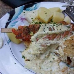 Restaurant Kähler - Dorschfilet abgebraten, garnelenspieß, Kartoffeln