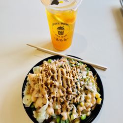 Poke Bowl- Riverbank - Medium Poke Bowl (3 scoops) and mango fruit tea with passion fruit popping boba