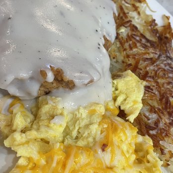 Scrambler Cafe - Chicken Fried Steak and Eggs, close up picture because I already had dug in! - Breakfast & Brunch Near Me - Plano, Texas Scrambler Cafe - Chicken Fried Steak and Eggs, close up picture because I already had dug in! - Breakfast & Brunch Near Me - Plano, Texas
