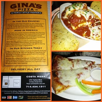 Gina's Pizza - Dinner Lasagna $10.99, Kid's meal (big slice of pizza, veggie & drink) $4.99 - Italian Near Me - Costa Mesa, California Gina's Pizza - Dinner Lasagna $10.99, Kid's meal (big slice of pizza, veggie & drink) $4.99 - Italian Near Me - Costa Mesa, California
