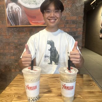 7 Leaves Cafe - (left) jasmine milk tea + boba + pudding  (right) jasmine milk tea + pudding - Coffee & Tea Near Me - Fullerton, California