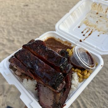 Hometown BBQ - Buckin Bronco plate Brisket, spareribs, and pork belly - Food Trucks Near Me - Ewa Beach, Hawaii Hometown BBQ - Buckin Bronco plate Brisket, spareribs, and pork belly - Food Trucks Near Me - Ewa Beach, Hawaii