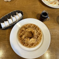 Kathy's Mason Jar Family Diner - Chicken and waffles. Note the tiny mason jar with syrup