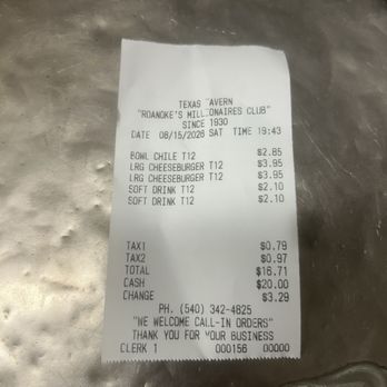 Texas Tavern - Receipt - Burgers Near Me - Roanoke, Virginia Texas Tavern - Receipt - Burgers Near Me - Roanoke, Virginia