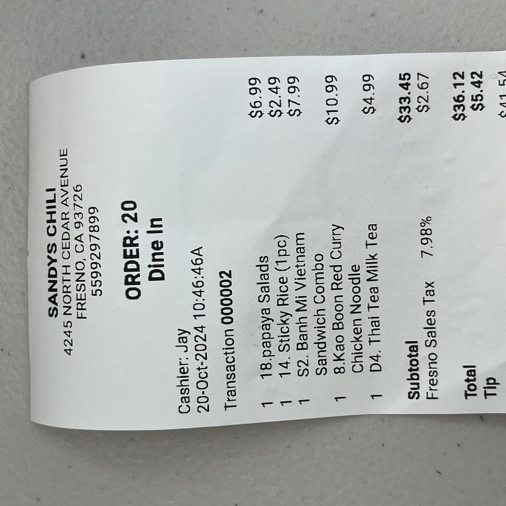Sandy’s Chili - Receipt - Vietnamese Near Me - Fresno, California Sandy’s Chili - Receipt - Vietnamese Near Me - Fresno, California