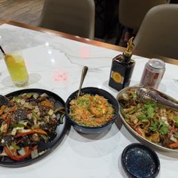 Beef vegetables, fried rice with shrimp, beef noodles