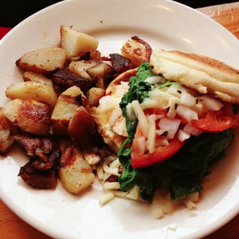Two Sisters Coffee Shop - English Muffin "Wendy's Melt"  (with egg, cheese & veggies) & homefries - Coffee & Tea Near Me - Gloucester, Massachusetts