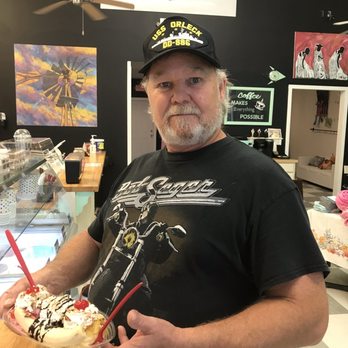 Lyric Theater - George Miller trying his very first banana split made by Lyndsey. Delicious! - Cinema Near Me - Flatonia, Texas