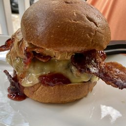 Landon's burger! PB & J makes no sense on a burger but it's amazing! Landon's burger! PB & J makes no sense on a burger but it's amazing!