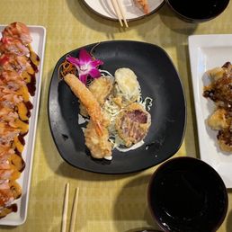 L-R: Kauai roll, shrimp and veggie tempura, and salmon poppers.